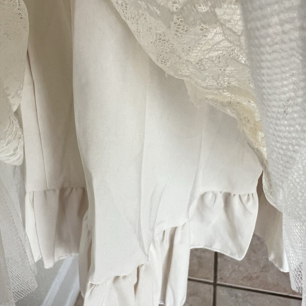 Cottagecore Ivory Lace Dress Long Slv Rosettes Regency Sz M Tulle Pleated Fairy - Picture 8 of 9